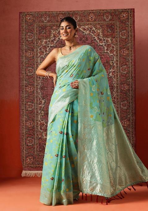 Teal Printed Cotton Saree Set