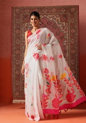 White Printed Cotton Saree Set
