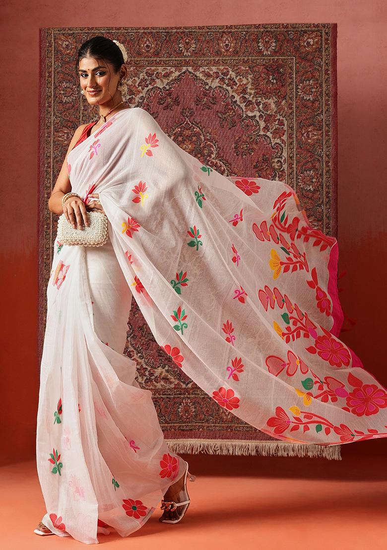 White Printed Cotton Saree Set - Indya