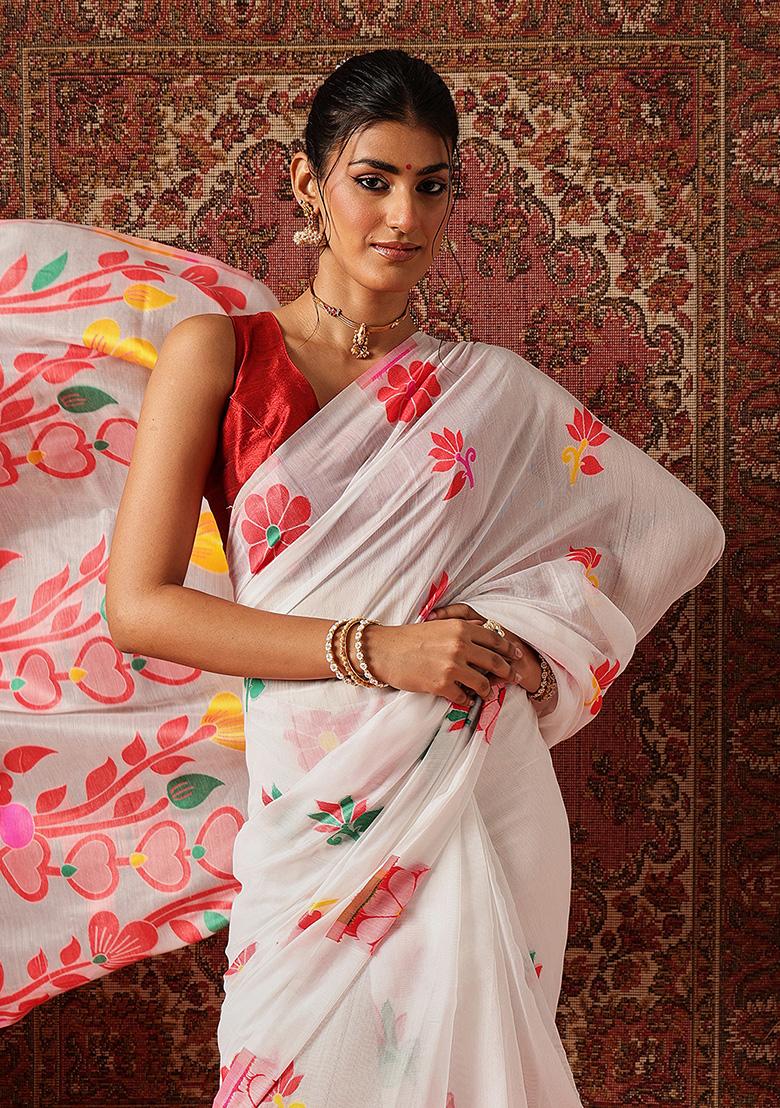 White Printed Cotton Saree Set - Indya