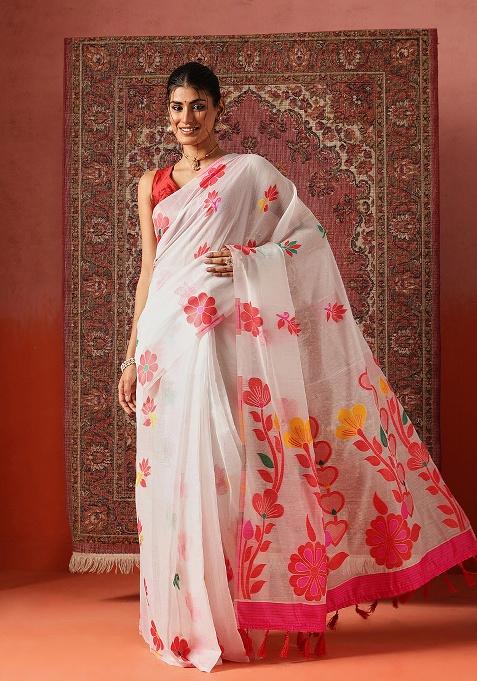 White Printed Cotton Saree Set