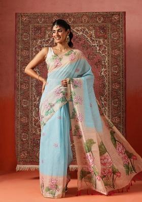 Lavender Printed Cotton Saree Set