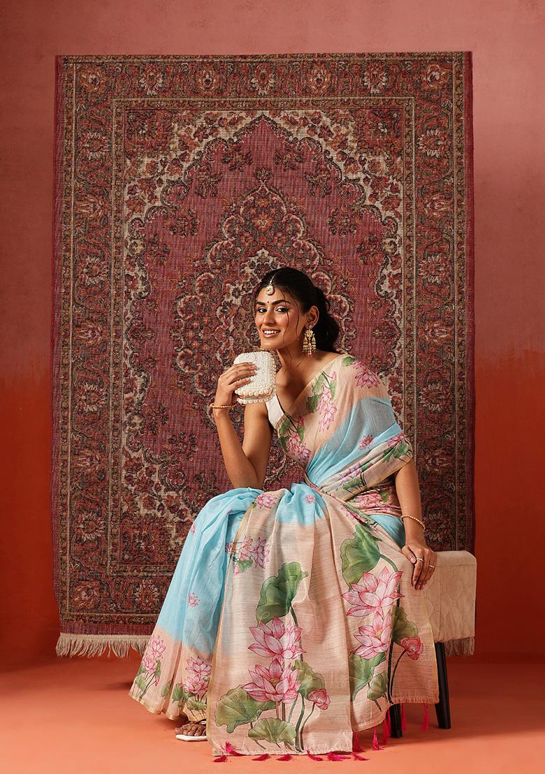 Lavender Printed Cotton Saree Set - Indya