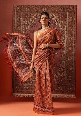 Brown Printed Cotton Saree Set