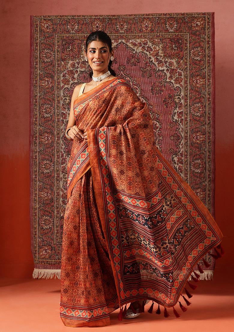 Brown Printed Cotton Saree Set - Indya