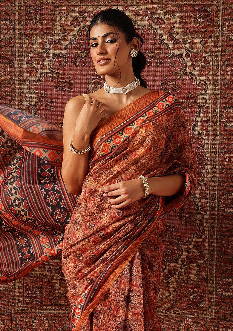 Brown Printed Cotton Saree Set - Indya