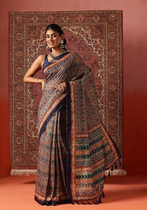 Red Printed Cotton Saree Set