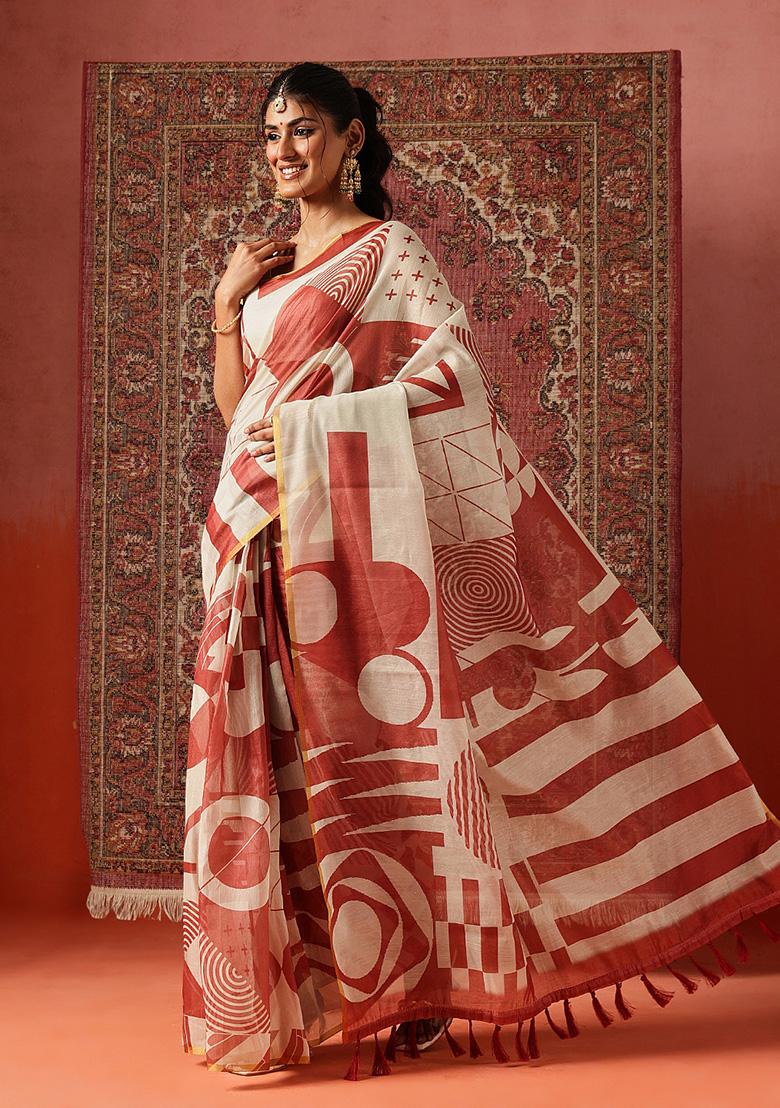 Maroon Printed Cotton Saree Set - Indya
