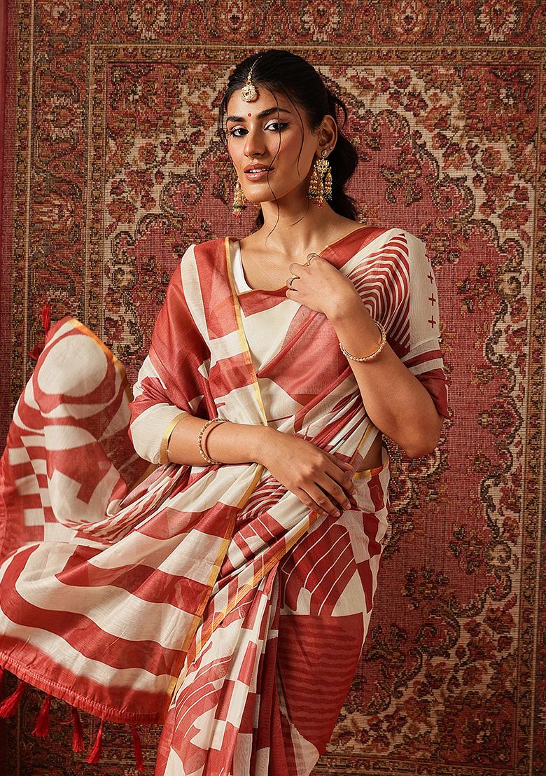Maroon Printed Cotton Saree Set - Indya