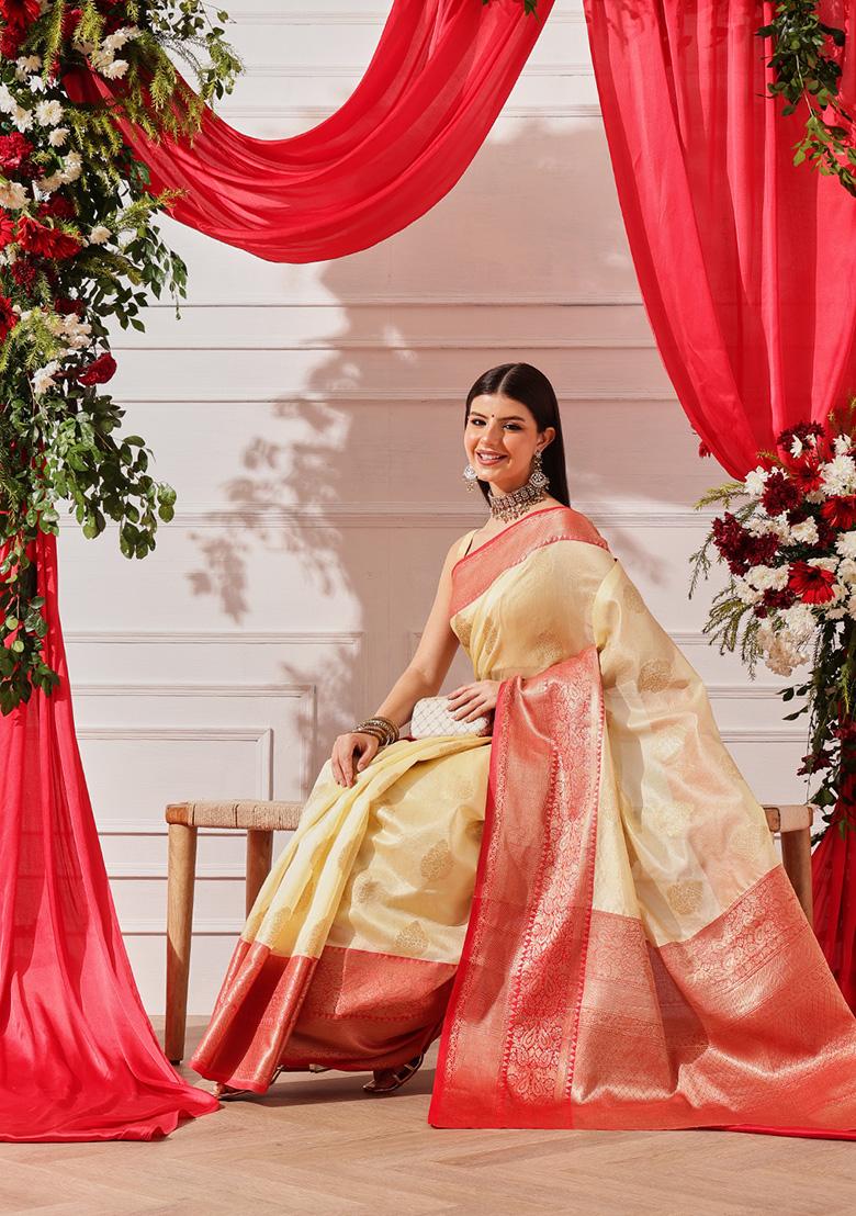 White Printed Silk Saree Set - Indya