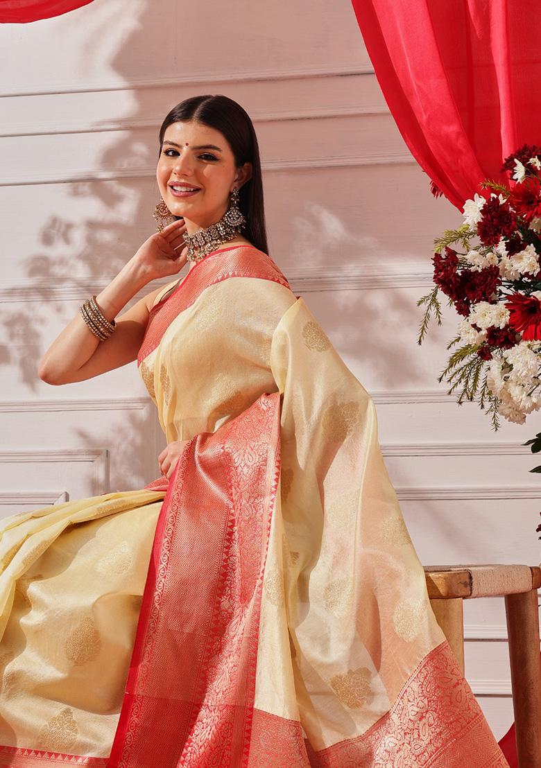 White Printed Silk Saree Set - Indya