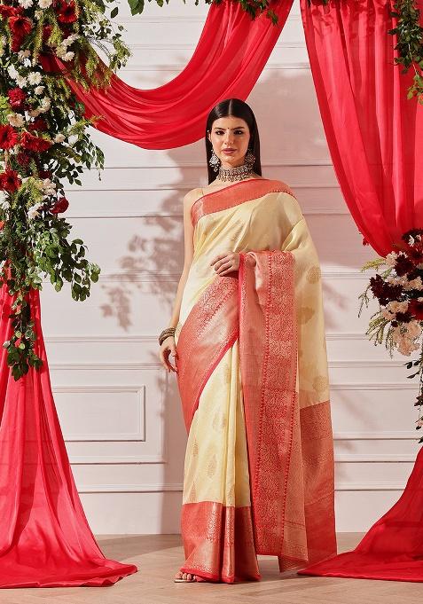 White Printed Silk Saree Set