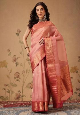 Pink Printed Tissue Saree Set