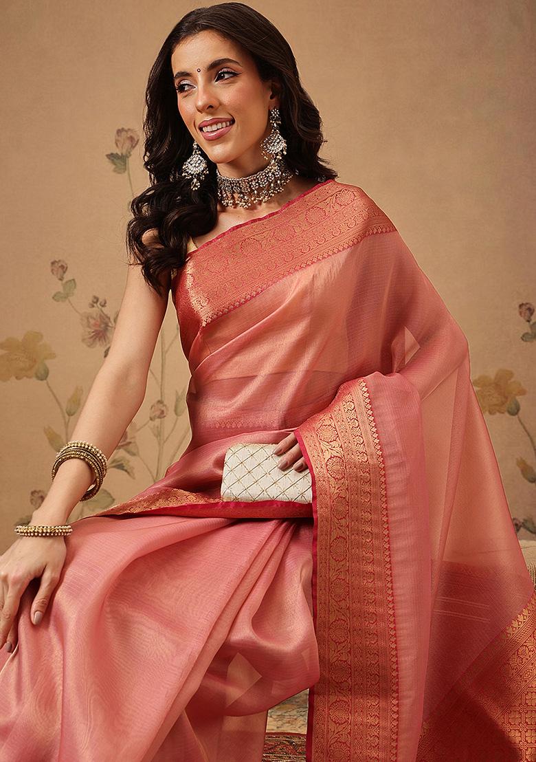 Pink Printed Tissue Saree Set - Indya