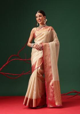 Beige Printed Tissue Saree Set