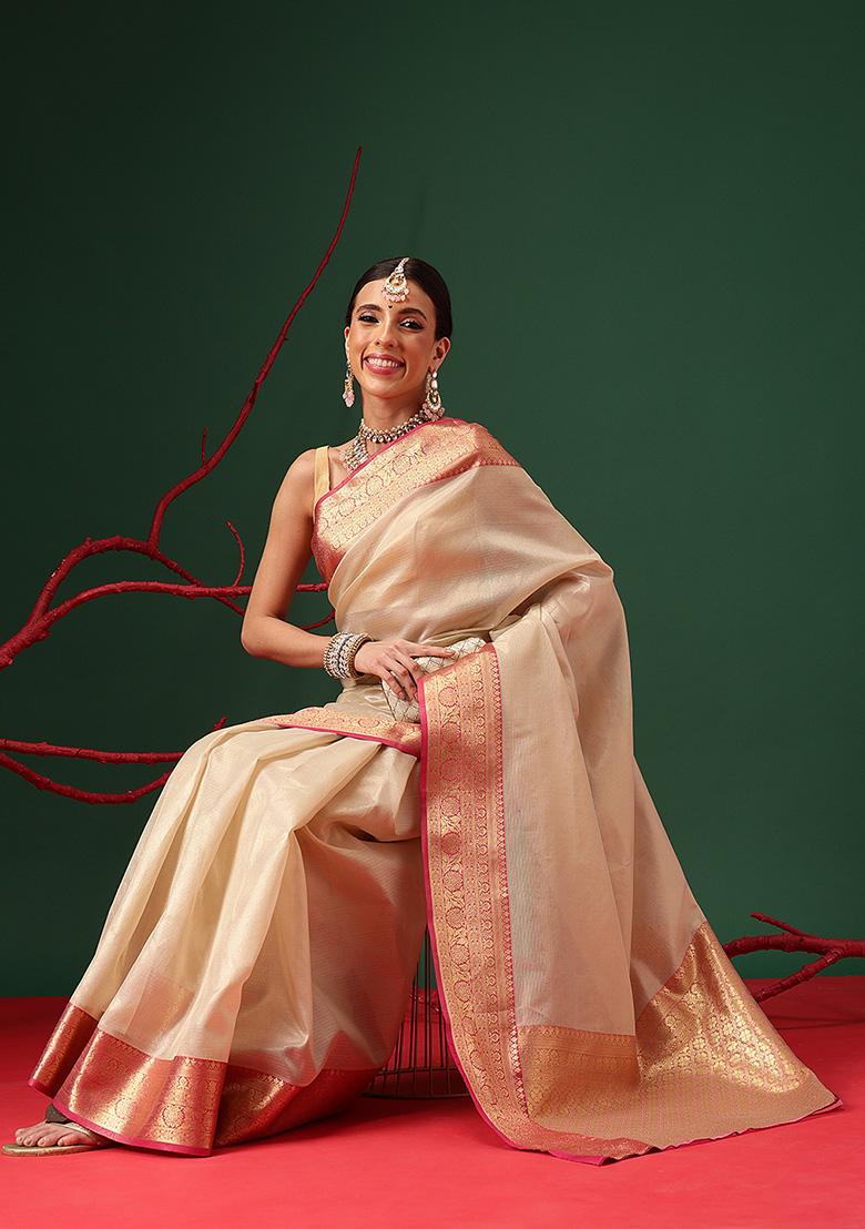 Beige Printed Tissue Saree Set - Indya