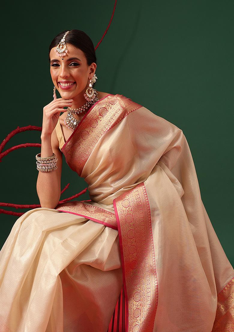 Beige Printed Tissue Saree Set - Indya