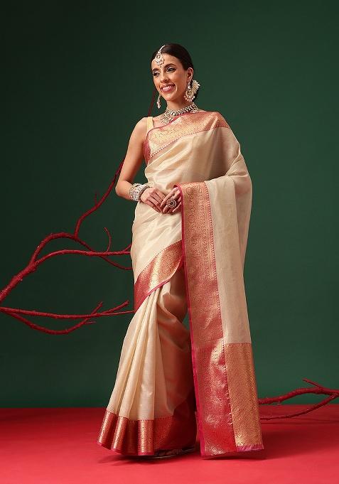 Beige Printed Tissue Saree Set