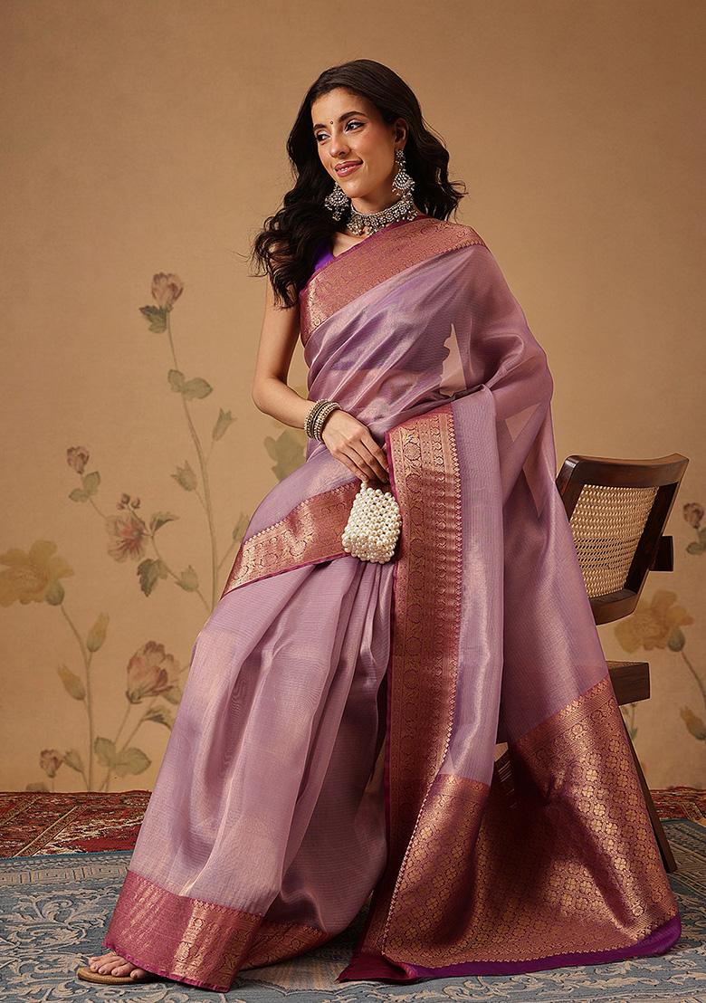 Purple Printed Tissue Saree Set - Indya