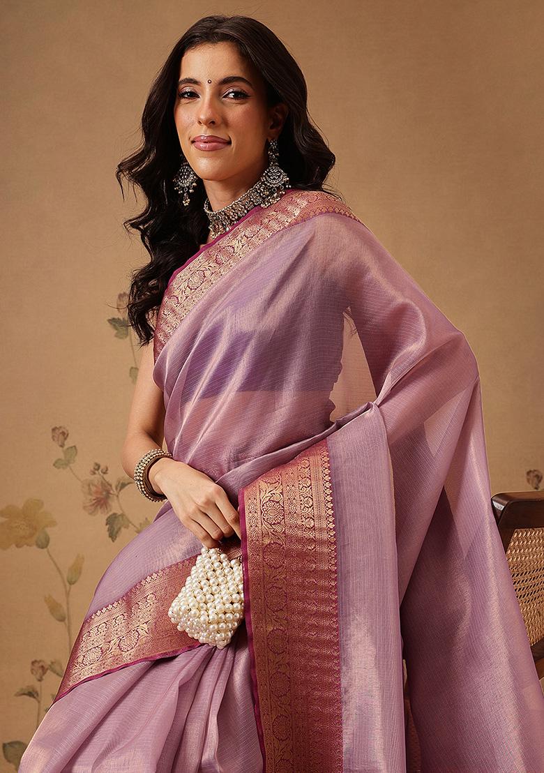 Purple Printed Tissue Saree Set - Indya