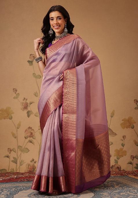 Purple Printed Tissue Saree Set
