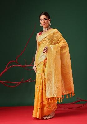 Yellow Printed Cotton Saree Set