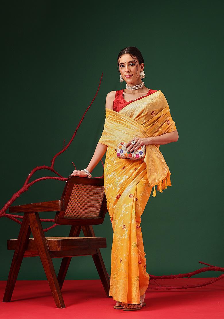 Yellow Printed Cotton Saree Set - Indya