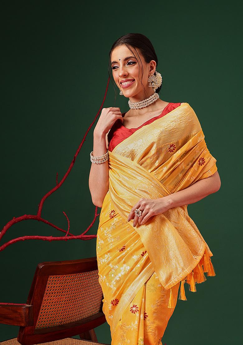 Yellow Printed Cotton Saree Set - Indya