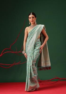 Teal Printed Cotton Saree Set