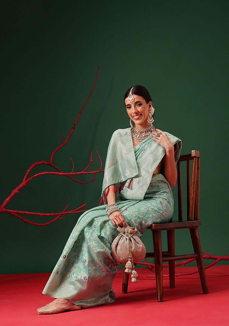 Teal Printed Cotton Saree Set - Indya