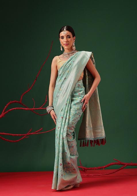 Teal Printed Cotton Saree Set