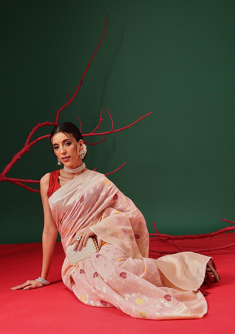 Light Pink Printed Cotton Saree Set - Indya