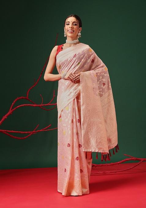 Light Pink Printed Cotton Saree Set
