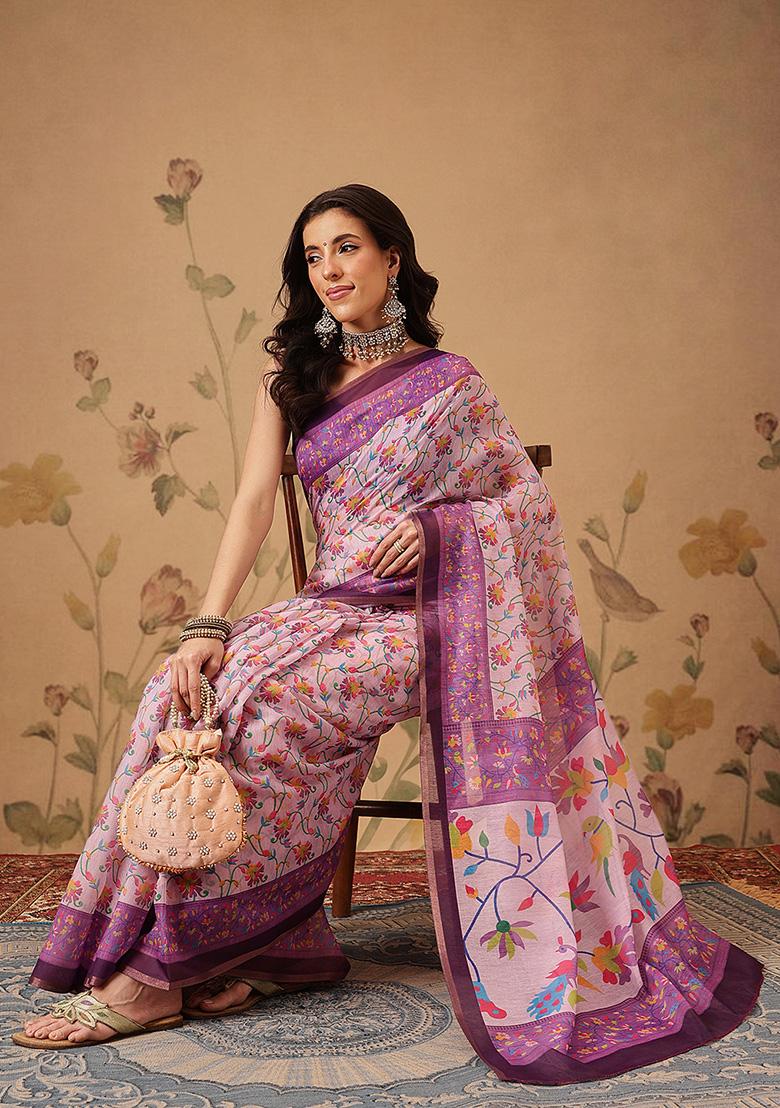Lavender Printed Cotton Saree Set - Indya