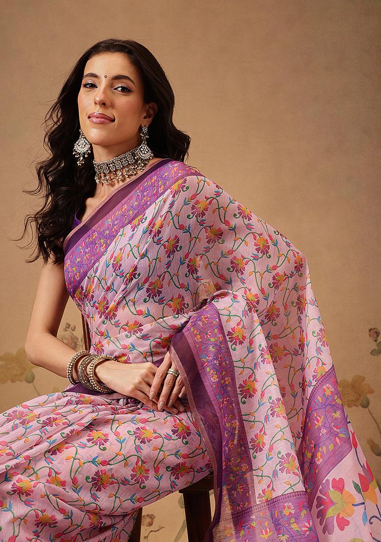 Lavender Printed Cotton Saree Set - Indya