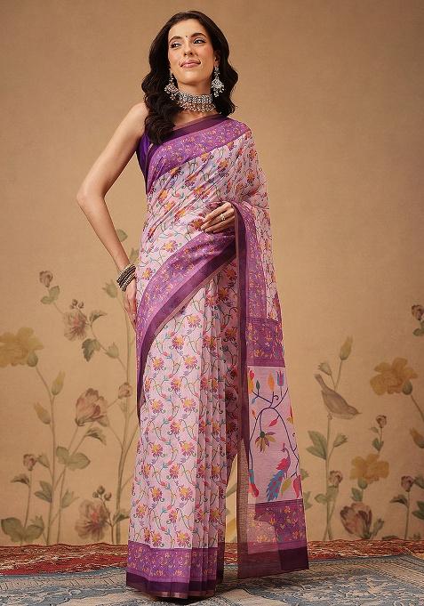 Lavender Printed Cotton Saree Set