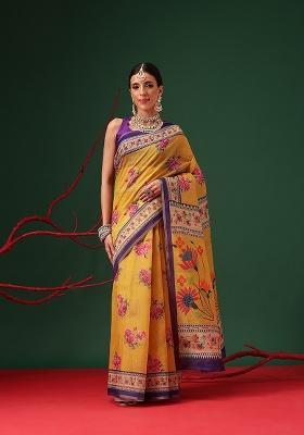 Mustard Printed Cotton Saree Set