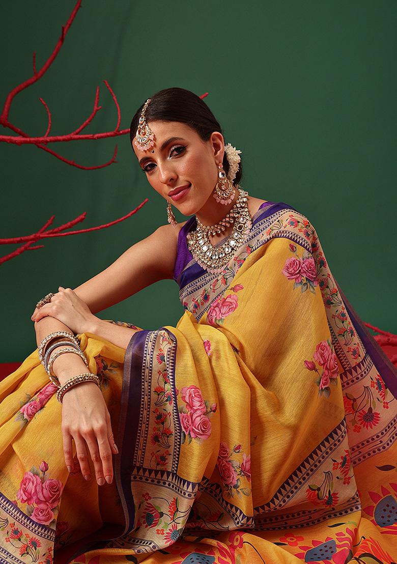 Mustard Printed Cotton Saree Set - Indya