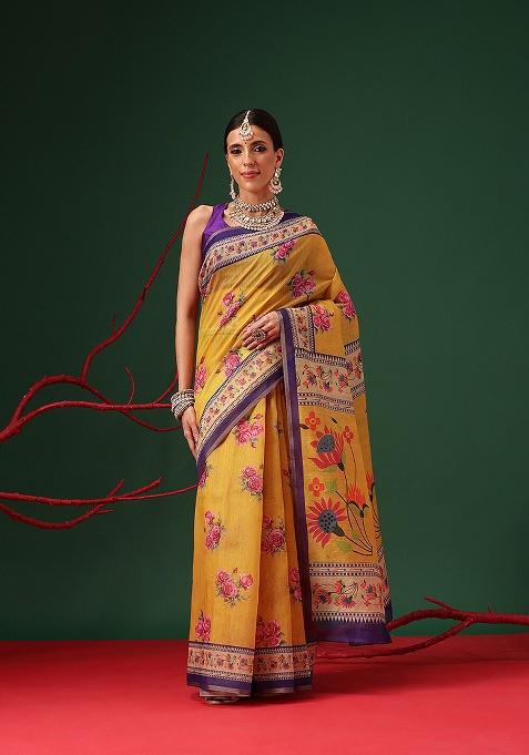 Mustard Printed Cotton Saree Set