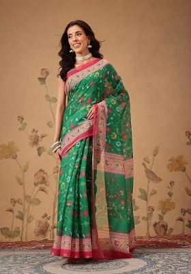 Green Printed Cotton Saree Set