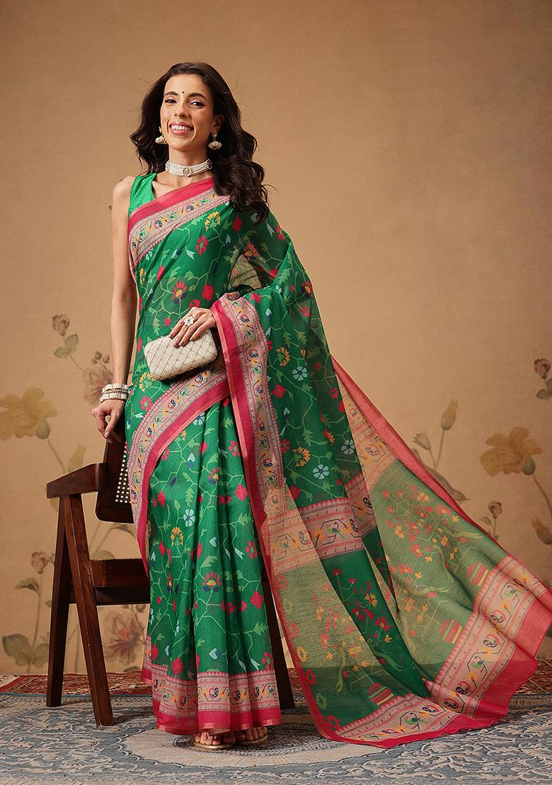 Green Printed Cotton Saree Set - Indya