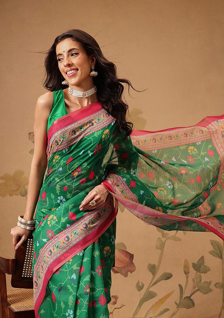Green Printed Cotton Saree Set - Indya