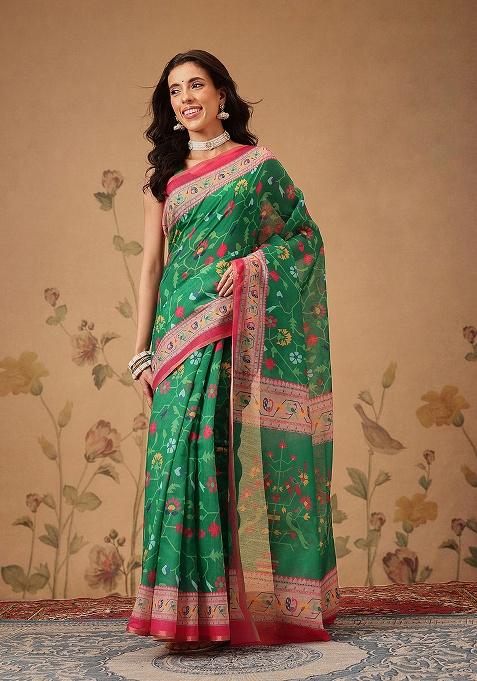 Green Printed Cotton Saree Set