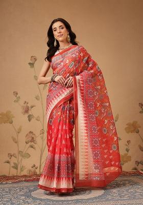 Red Printed Cotton Saree Set