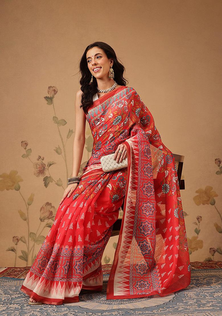 Red Printed Cotton Saree Set - Indya