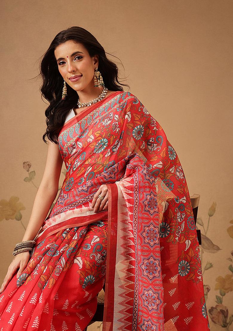 Red Printed Cotton Saree Set - Indya