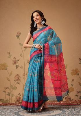 Blue Printed Cotton Saree Set