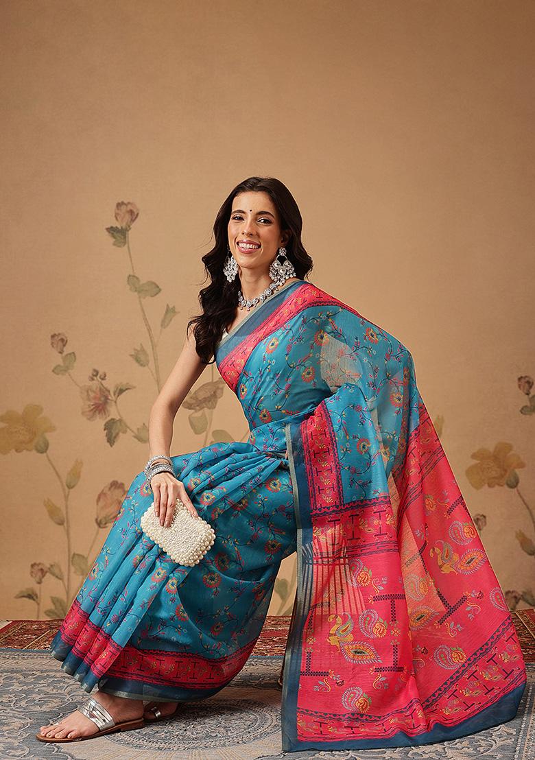 Blue Printed Cotton Saree Set - Indya