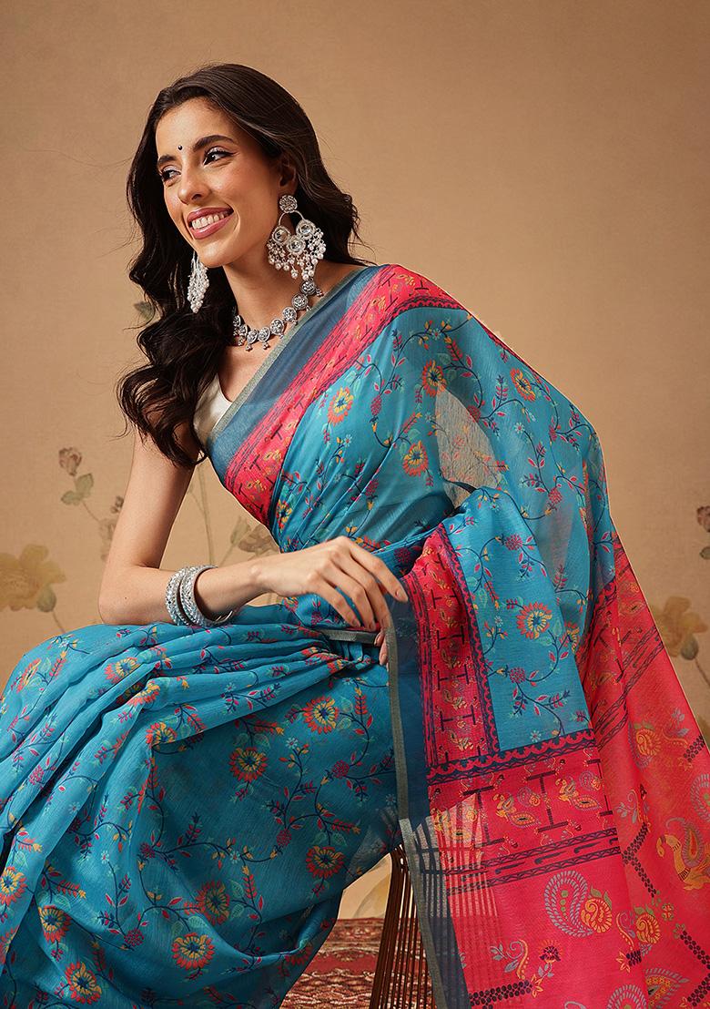 Blue Printed Cotton Saree Set - Indya