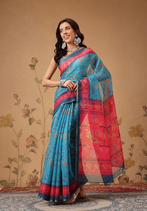 Blue Printed Cotton Saree Set